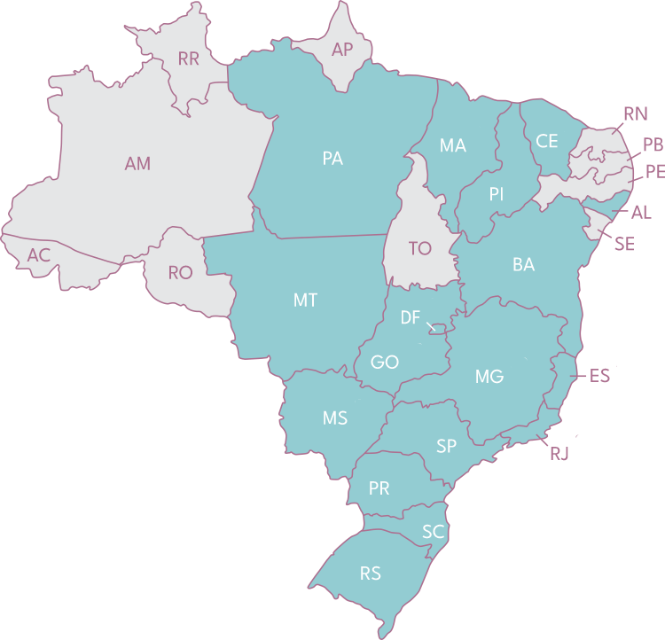 Mapa do Brasil com os estados que possuem credenciadas marcados e numerados - Juliana Botti